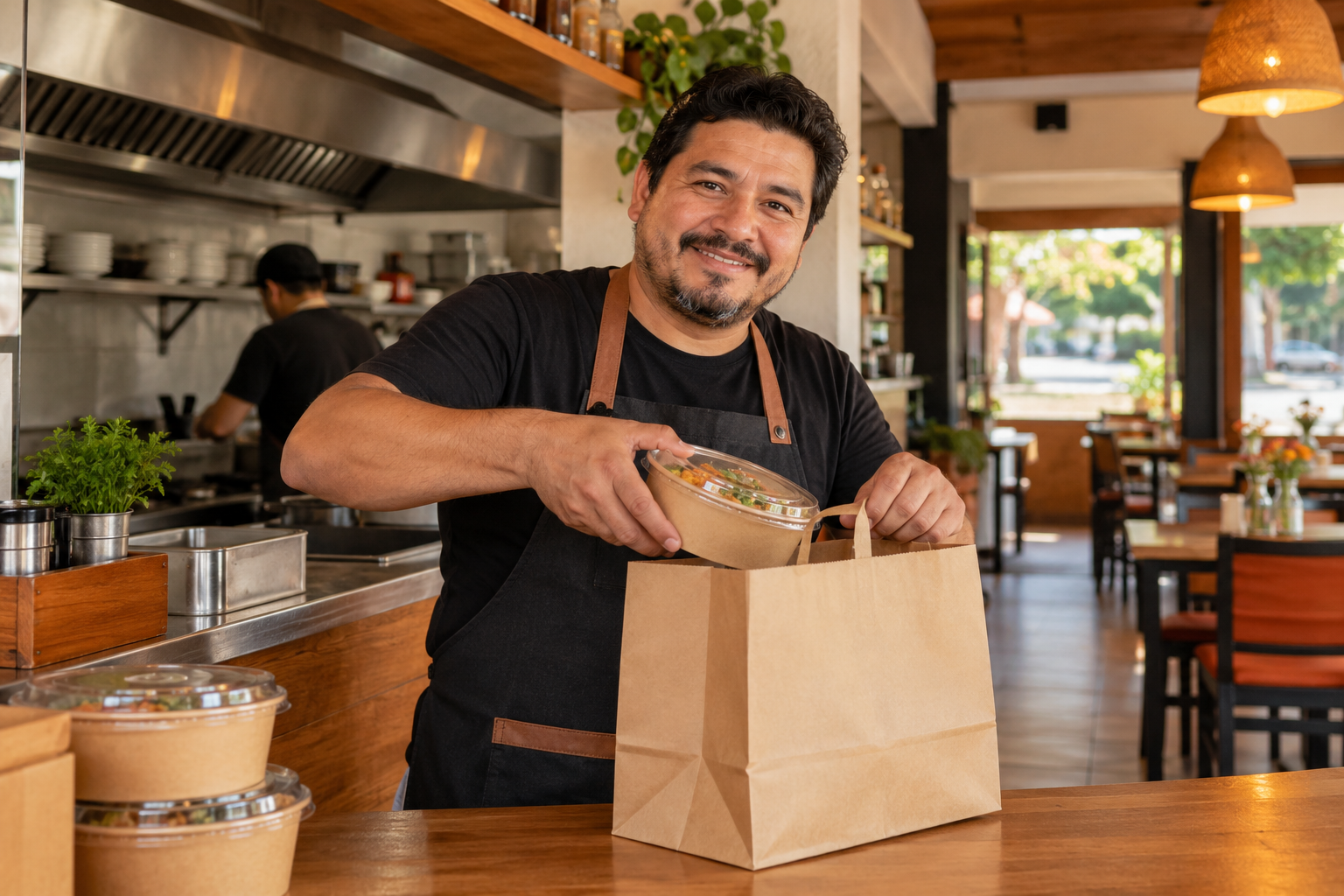 Comerciante preparando una bolsa de comida para entrega